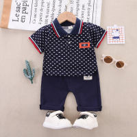 2-piece Toddler Boy Pure Cotton Allover Bowknot Printed Short Sleeve Polo Shirt & Solid Color Pants  Navy Blue