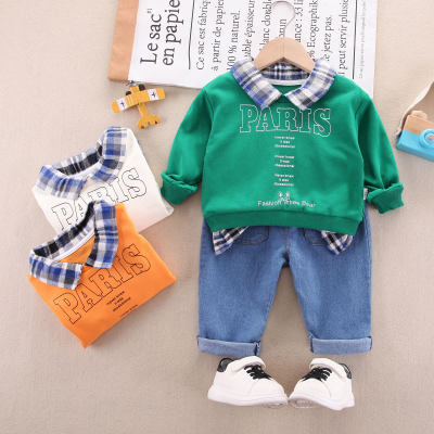 Toddler Boy 100% Cotton Solid Color Letter Printed Plaid Lapel Patchwork Sweatshirt & Solid Color Pants