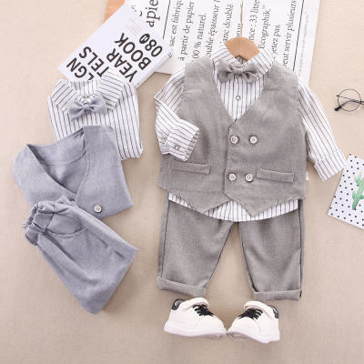 3-piece Toddler Boy100% Cotton Striped Bowtie Decor Button-up Shirt & Solid Color Button-up V-neck Vest & Pants