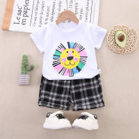 2-piece Toddler Boy Pure Cotton Cartoon Lion Printed Short Sleeve T-shirt & Plaid Shorts  White