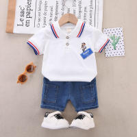 2-piece Toddler Boy Pure Cotton Bear Pattern Short Sleeve Polo Shirt & Denim Shorts  White