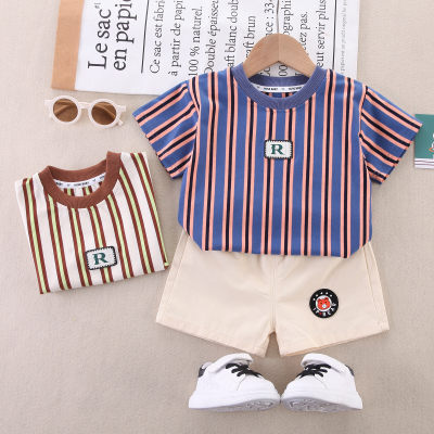 2-piece Toddler Boy Pure Cotton Striped Letter Printed Short Sleeve T-shirt & Matching Shorts