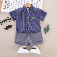 2-piece Toddler Boy Striped Dinosaur Printed Short Sleeve Shirt & Solid Color Shorts  Navy Blue