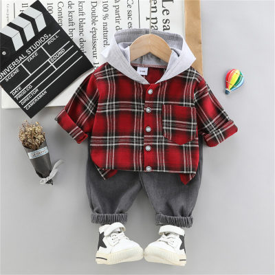 Children's spring fashion plaid hooded corduroy trousers suit