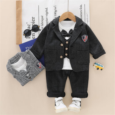 Toddler Gentlemen Style Plaid Lapel Suit & Bowknot Decor T-shirt & Pants