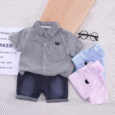 2-piece Toddler Boy Pure Cotton Striped Bear Embroidered Short Sleeve Shirt & Denim Shorts