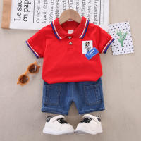 Polo de manga corta con estampado de oso de algodón puro para niños pequeños de 2 piezas y pantalones cortos de mezclilla  rojo
