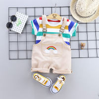 Baby Boy Short-sleeve Striped  Top And Rainbow Suspenders Shorts  Khaki