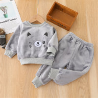 Baby 2 Pieces Solid Color Cat Face Graphic Fleeced Sweater & Pants for Winter  Gray