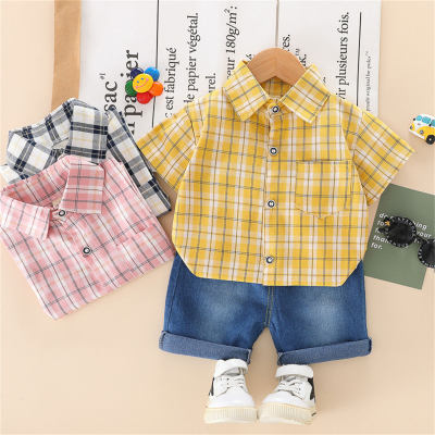Toddler Boy Plaid Lapel Color-block Top & Shorts