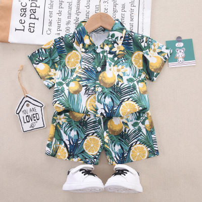 Camisa de manga curta com estampa floral de algodão puro de 2 peças para meninos e shorts combinando