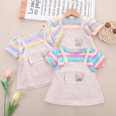 Baby Girl Color-block Horizontal Stripes Short Sleeve Dress