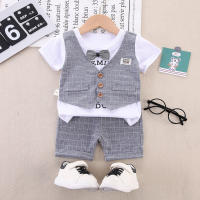 3-piece Toddler Boy 2 in 1 Letter Printed Plaid Patchwork Short Sleeve Top & Plaid Shorts & Bowtie  Gray