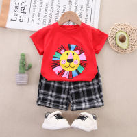 2-piece Toddler Boy Pure Cotton Cartoon Lion Printed Short Sleeve T-shirt & Plaid Shorts  Red