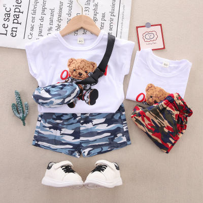 2-piece Toddler Boy Pure Cotton Bear Printed Vest & Camouflage Shorts