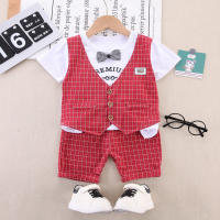 3-piece Toddler Boy 2 in 1 Letter Printed Plaid Patchwork Short Sleeve Top & Plaid Shorts & Bowtie  Red