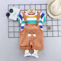 Baby Boy Short-sleeve Striped  Top And Rainbow Suspenders Shorts  Taupe