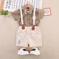 2-piece Toddler Boy Pure Cotton Plaid Bowtie Decor Short Sleeve Shirt & Matching Suspender Shorts  Coffee