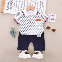 2-piece Toddler Boy Pure Cotton Allover Bowknot Printed Short Sleeve Polo Shirt & Solid Color Pants  White