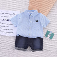 2-piece Toddler Boy Pure Cotton Striped Bear Embroidered Short Sleeve Shirt & Denim Shorts  Blue