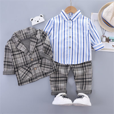 Camisa a rayas de caballero para niño pequeño de 3 piezas, traje a cuadros y pantalones a juego