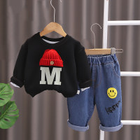 2-piece Toddler Boy Knitted Letter Top & Letter Smiley Printed Casual Jeans  Black