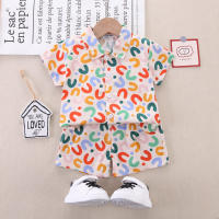 2-piece Toddler Boy Pure Cotton Allover Letter Printed Short Sleeve Shirt & Matching Shorts  Khaki