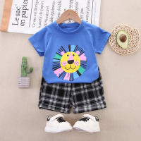 2-piece Toddler Boy Pure Cotton Cartoon Lion Printed Short Sleeve T-shirt & Plaid Shorts  Blue