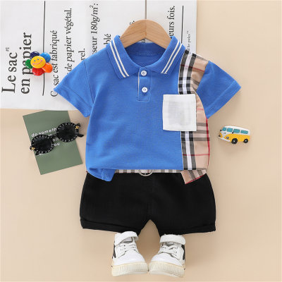 Toddler Boy Polo Collar Patchwork Color-block Plaid Top & Shorts