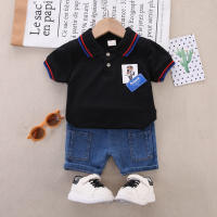 Polo de manga corta con estampado de oso de algodón puro para niños pequeños de 2 piezas y pantalones cortos de mezclilla  Negro