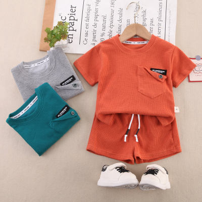 2-piece Toddler Boy Pure Cotton Solid Color Pocket Front Short Sleeve T-shirt & Matching Shorts