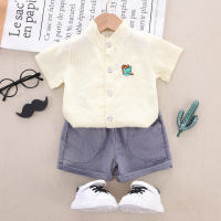2-piece Toddler Boy Striped Dinosaur Printed Short Sleeve Shirt & Solid Color Shorts  Yellow