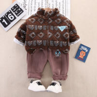 2-piece Toddler Boy Geometric Pattern Stand Up Collar Zip-up Jacket & Solid Color Pants  Brown