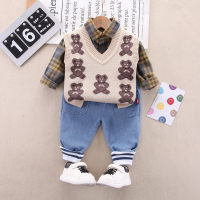 3-piece Toddler Boy Pure Cotton Plaid Button-up Shirt & Allover Bear Pattern Knitted Vest & Strip Patchwork Denim Pants  Ginger