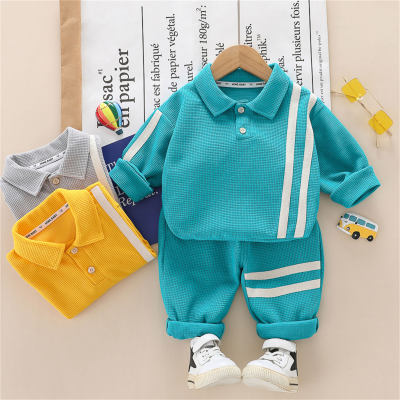 2-piece Toddler Boy 100% Cotton Solid Color Stripe Decor Button Front Long Sleeve Polo Shirt & Pants