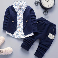 Estilo popular de primavera para bebés y niños pequeños, chaleco falso de tres piezas de porcelana azul y blanca con estampado completo, traje de manga larga  Azul marino