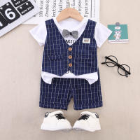 3-piece Toddler Boy 2 in 1 Letter Printed Plaid Patchwork Short Sleeve Top & Plaid Shorts & Bowtie  Navy Blue