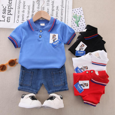 2-piece Toddler Boy Pure Cotton Bear Pattern Short Sleeve Polo Shirt & Denim Shorts