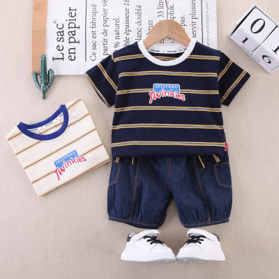 2-piece Toddler Boy Striped Letter Printed Short Sleeve T-shirt & Solid Color Shorts