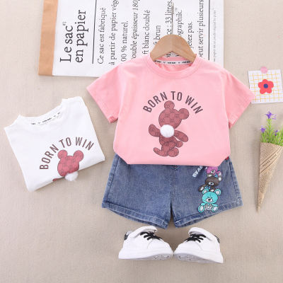 2-piece Toddler Girl Pure Cotton Letter and Plush Bear Pattern Short Sleeve T-shirt & Matcing Denim Shorts