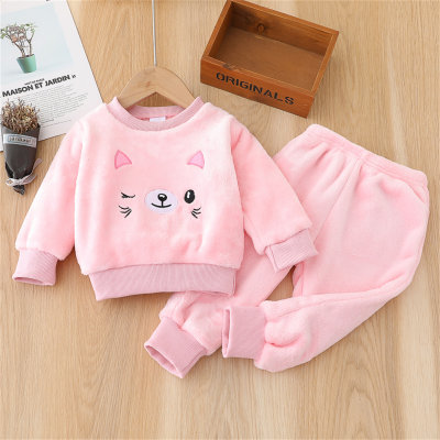 Baby 2 Pieces Solid Color Cat Face Graphic Fleeced Sweater & Pants for Winter