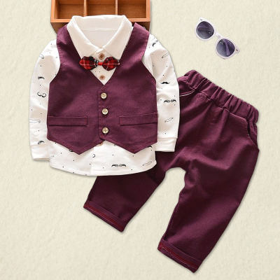 3-piece Toddler Boy Mustache Pattern Bowtie Decor Shirt & Solid Color V-neck Button-up Vest & Elasticized Pants