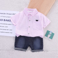 2-piece Toddler Boy Pure Cotton Striped Bear Embroidered Short Sleeve Shirt & Denim Shorts  Pink