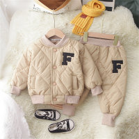 2-piece Toddler Boy Solid Color Letter Pattern Button-up Quilted Jacket & Matching Pants  Khaki