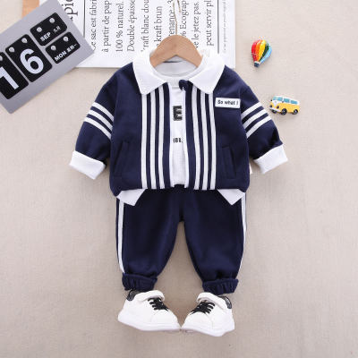 3-piece Toddler Boy 100% Cotton Letter Printed Long Sleeve Top & Color-block Pocket Front Lapel Jacket & Matching Pants