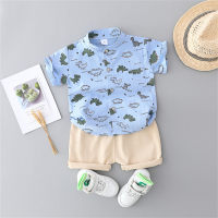 Camisa infantil e infantil de verão com estampa completa de pequeno dinossauro com gola alta e terno de manga curta  Azul