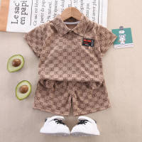 2-piece Toddler Boy Pure Cotton Allover Printing Short Sleeve Polo Shirt & Matching Shorts  Brown