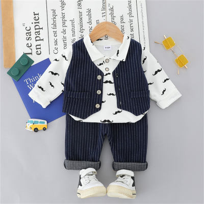 Infant and toddler spring all-over printed mustache gentleman style three-piece vest set