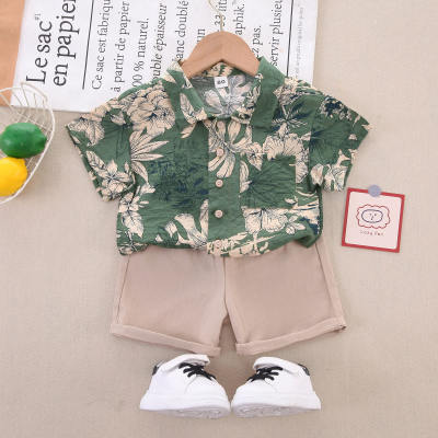 Camisa de manga curta com estampa floral e estampa floral de algodão puro de 2 peças para meninos e shorts de cor lisa