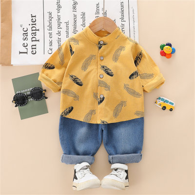 Baby Boy Casual Feather Print Long Sleeve Shirt Jeans Two-piece